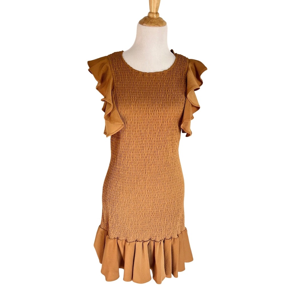 C/Meo Collective Smocked Bodycon Mini Dress Size L Orange Ruffle Sleeve Boho